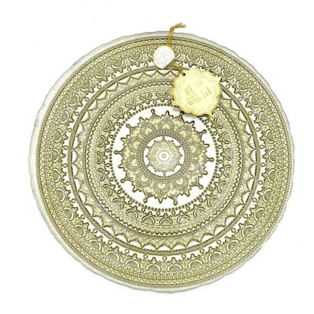 Turkish Glass White Charger Plates Hand Painted Gold Lace Set of 2 NWT White